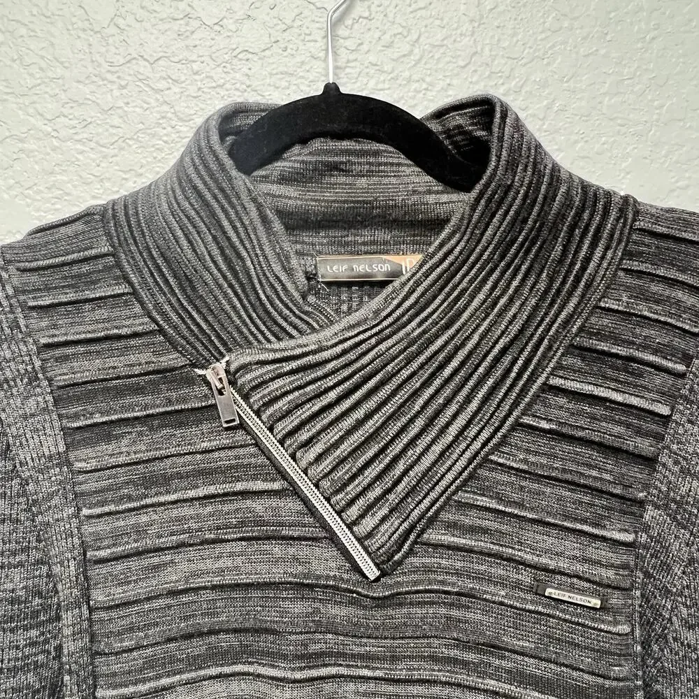 Leif Nelson Cable Knit Sweater Shawl Collar Funnel Neck Gray Techwear Streetwear